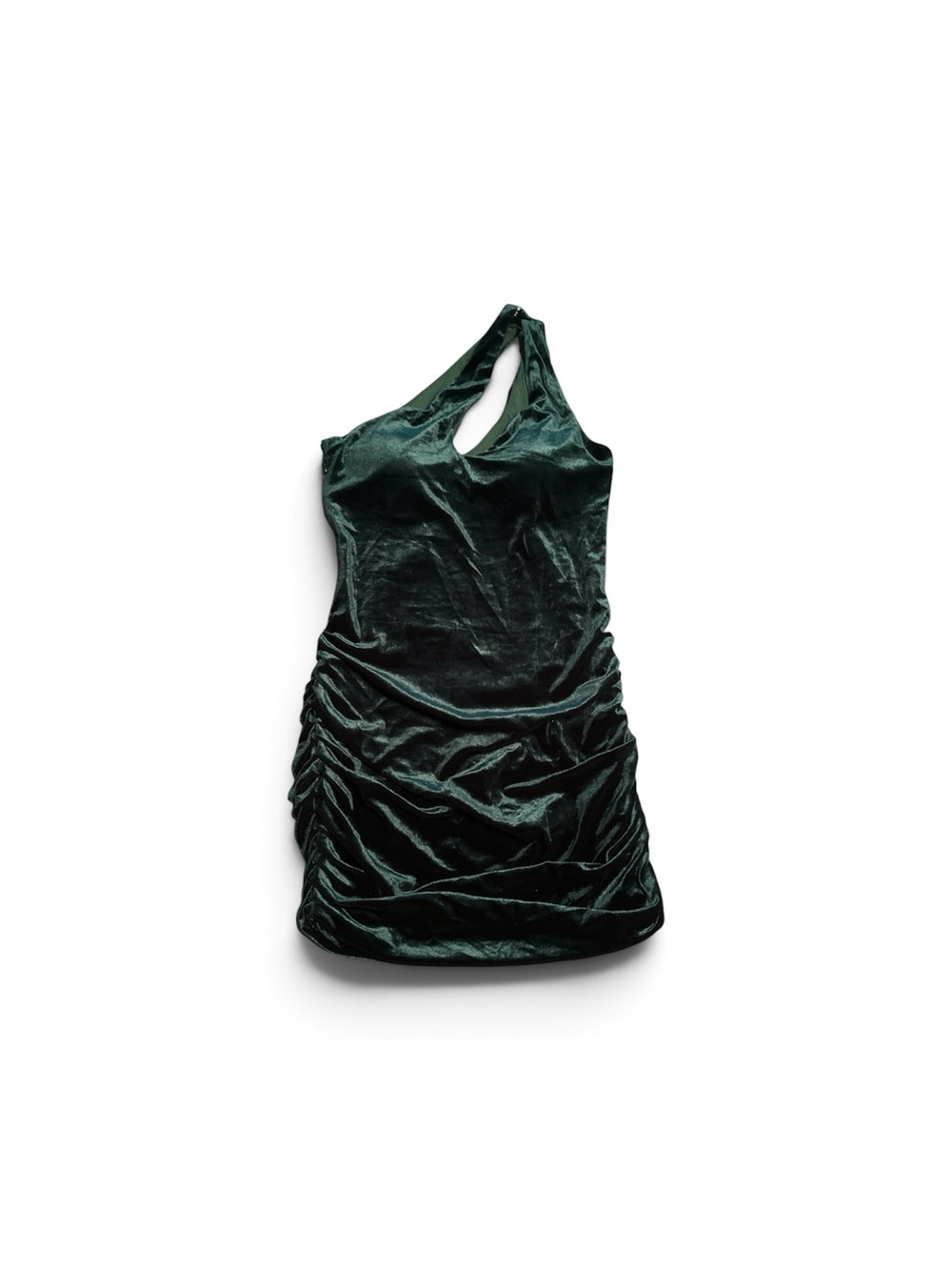 NWT Klassy Network L One-Shoulder Velvet Ruched Mini Dress - Dark Green